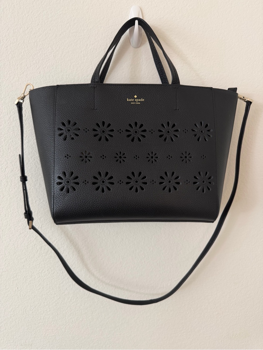 kate spade Black Perforated Floral Tote with Removable Strap